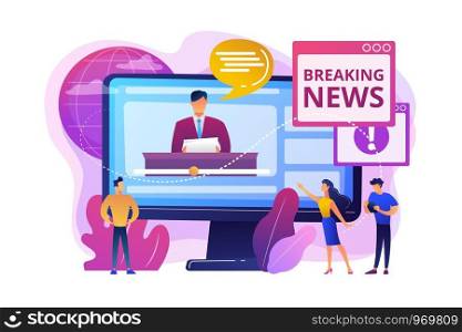 Press, mass media, broadcasting studio. Journalists, reporters characters. Hot online information, breaking news, headline news content concept. Bright vibrant violet vector isolated illustration. Hot online information concept vector illustration