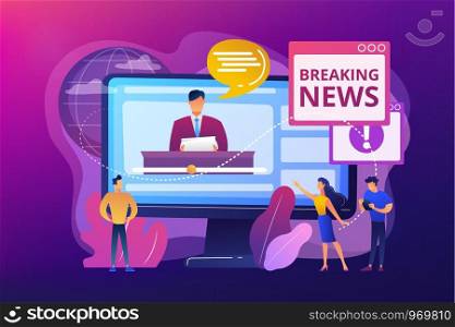 Press, mass media, broadcasting studio. Journalists, reporters characters. Hot online information, breaking news, headline news content concept. Bright vibrant violet vector isolated illustration. Hot online information concept vector illustration