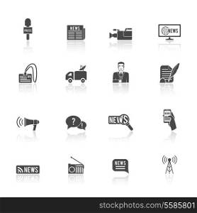 Press news broadcasting newspaper reporter microphone and computer chat bubble design graphic isolated illustration icons set