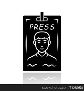 Press pass drop shadow black glyph icon. Journalist, reporter ID badge. Press identification card. Backstage VIP entry permit, conference entrance ticket. Isolated vector illustration