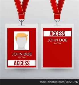 Press Pass Id Card Vector. Plastic Badge Template To Business Conference. Realistic Mock Up Illustration.. Lanyard Badge Vector. Identity Card For Security To Business Conference Realistic Illustration.