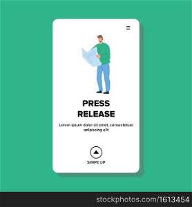 Press Release Article Reading Young Man Vector. Press Release Important Information Or Announcement Publication Read Businessman In Newspaper. Character Boy Web Flat Cartoon Illustration. Press Release Article Reading Young Man Vector