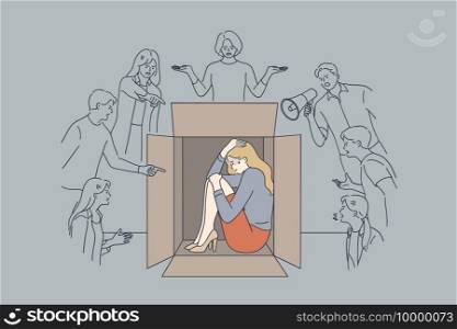Pressure, bad emotions, desperate state concept. Unhappy stressed scared businesswoman sitting hiding inside box with negative human emotions feeling pressure and negative attitude from people. Pressure, bad emotions, desperate state concept