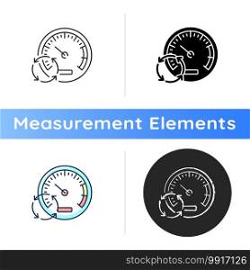 Pressure gauge icon. Measuring tool. Water, air and blood pressure. Fluid intensity measurement device. Altimeter, barometer. Linear black and RGB color styles. Isolated vector illustrations. Pressure gauge icon