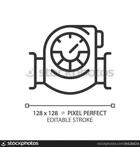 Pressure gauge linear icon. Industrial application. Pressure measure. Pneumatic system. Monitoring equipment. Thin line illustration. Contour symbol. Vector outline drawing. Editable stroke. Pressure gauge linear icon