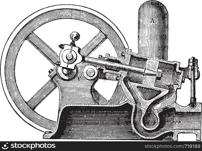 Pressurized water oscillating motor, vintage engraved illustration. Industrial encyclopedia E.-O. Lami - 1875.