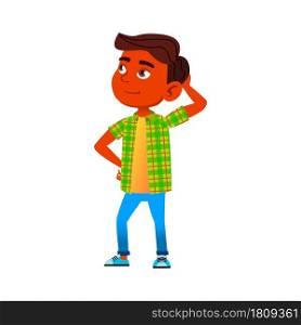 Preteen Boy Thinking For Solving Problem Vector. Indian Child Looking At Sky And Thinking About Something. Thoughtful Character Small Kid Planning Strategy Flat Cartoon Illustration. Preteen Boy Thinking For Solving Problem Vector