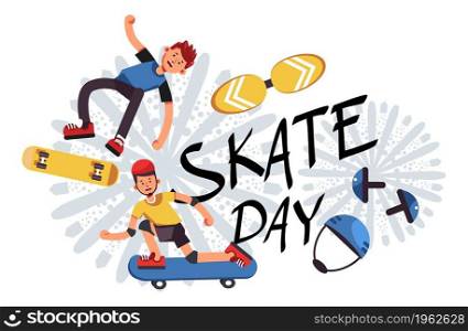 Preteen boys showing tricks and skills on boards. Skate day, special occasion or competition for skateboarders. Summer event in skatepark for teens and children. Vector in flat style illustration. Skate day, preteens showing tricks on board vector