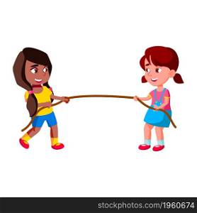 Preteen Schoolgirls Pulling Rope Sport Game Vector. Happiness African And Caucasian School Girls Pulling Rope On Sportive Tournament. Characters Power Competitive Activity Flat Cartoon Illustration. Preteen Schoolgirls Pulling Rope Sport Game Vector