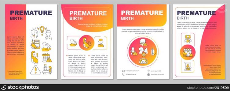 Preterm birth brochure template. Development complications risk. Flyer, booklet, leaflet print, cover design with linear icons. Vector layouts for presentation, annual reports, advertisement pages. Preterm birth brochure template