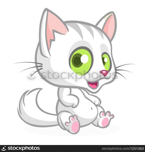 Pretty and cute white cat cartoon with fluffy tail. Vector illustration