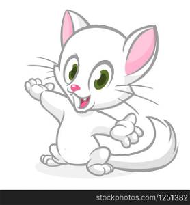 Pretty and cute white cat cartoon with fluffy tail waving. Vector illustration