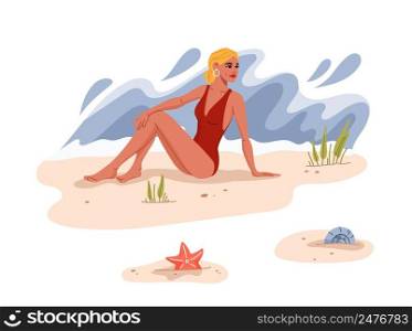Pretty blond woman on beach sand, girl on summer vacation in bikini, vector sea travel. Retro illustration of blond woman on beach in swimsuit, lady relax under sun at seaside of tropical ocean. Pretty blond woman on beach sand, girl in bikini