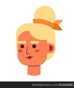 Pretty blonde woman with bun hairstyle semi flat vector character head. Trendy ribbon on hair. Editable cartoon avatar icon. Face emotion. Colorful spot illustration for web graphic design, animation. Pretty blonde woman with bun hairstyle semi flat vector character head