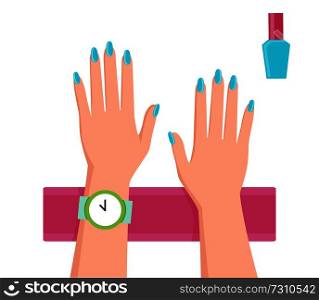 Pretty blue manicure banner, vector illustration with two women s hands, cute watch with bright green border, pink towel, bottle with nail polish. Pretty Blue Manicure Banner Vector Illustration