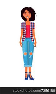 Pretty brunette in fashionable ripped jeans or trousers, vogue shirt with square pattern, pink top, stylish shoes, cartoon flat vector illustration.. Pretty Brunette in Fashionable Jeans Trousers