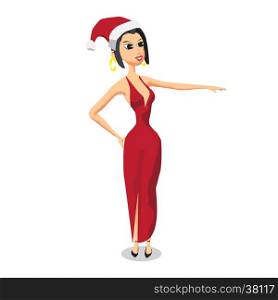 Pretty brunette woman in red Christmas Santa costume gives her hand to kiss. Cartoon style vector illustration isolated on white background