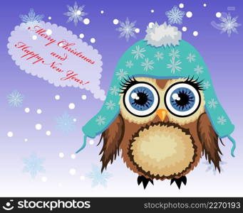 Pretty Cartoon Coquettish Owl Say Happy Merry Christmas and Happy New Year. Christmas card. Pretty Cartoon Coquettish Owl Say Happy Merry Christmas and Happy New Year. Christmas card.