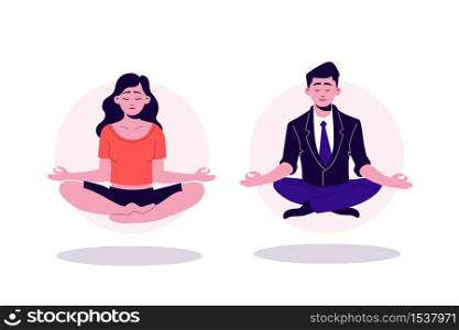 Pretty cartoon yogi woman and business man sitting in lotus position with closed eyes vector graphic illustration. People practicing yoga harmony meditate isolated on white background. Pretty cartoon yogi woman and business man sitting in lotus position with closed eyes