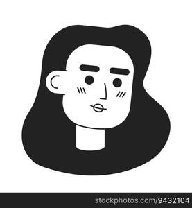 Pretty caucasian woman with long brunette hair monochrome flat linear character head. Editable outline hand drawn human face icon. 2D cartoon spot vector avatar illustration for animation. Pretty caucasian woman with long brunette hair monochrome flat linear character head