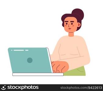 Pretty caucasian young woman with laptop semi flat color vector character. Editable half body woman typing on keyboard on white. Simple cartoon spot illustration for web graphic design. Pretty caucasian young woman semi flat color vector character