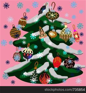 Pretty Christmas tree decorated with colourful christmas balls on pink background. Flat style illustration. T shirt, poster, greeting card design elements. . Pretty Christmas tree decorated with colourful christmas balls on pink background