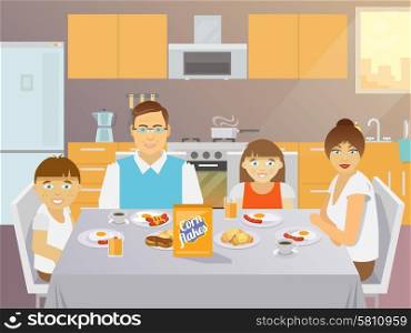 Pretty father mother son and daughter family eating breakfast indoors kitchen flat vector illustration. Family Breakfast Flat