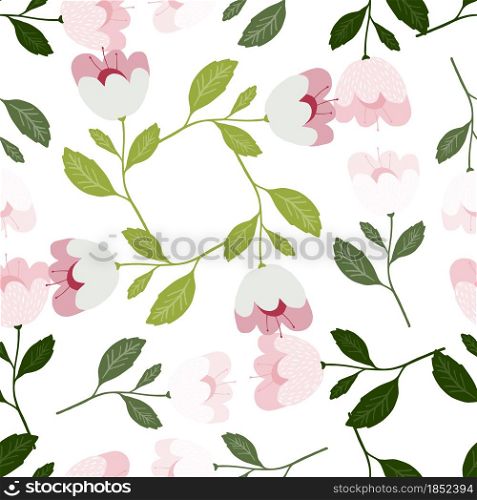 Pretty flowers seamless pattern isolated on white background. Vintage botany texture. Floral wallpaper. Romantic elegant design for fabric, textile print, wrapping, cover. Vector illustration.. Pretty flowers seamless pattern isolated on white background.