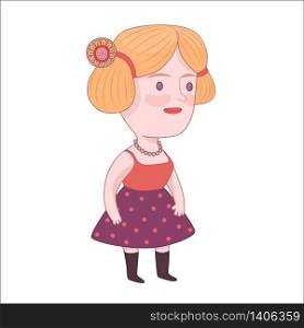 Pretty girl, cartoon vector illustration, a young blonde standing woman wearing a dotted violet skirt, red top and beads, a part of Dodo People collection. Pretty girl, Dodo people collection