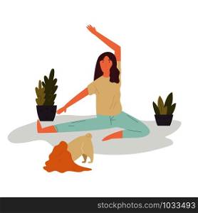 Pretty girl doing yoga with pug dog. Vector colorful illustration in a flat style. Pet lover. Pretty girl doing yoga with pug dog. Pet lover