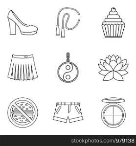 Pretty girl icons set. Outline set of 9 pretty girl vector icons for web isolated on white background. Pretty girl icons set, outline style