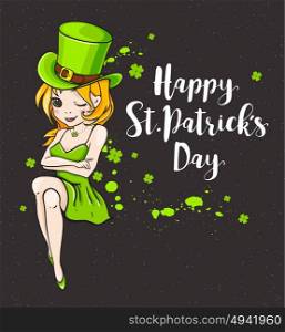 Pretty Girl in a green dress and lettering on a black background. Greeting card for St. Patrick&rsquo;s day