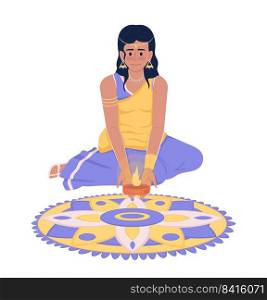 Pretty girl in sari putting candle on rangoli semi flat color vector character. Editable figure. Full body person on white. Simple cartoon style illustration for web graphic design and animation. Pretty girl in sari putting candle on rangoli semi flat color vector character