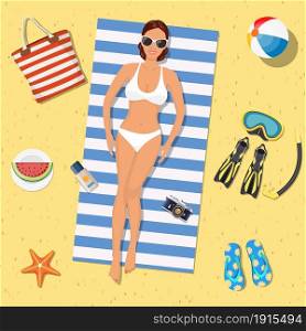 Pretty girl is lying on the beach. Girl on the beach with a bikini. Summer time. Beautiful woman wearing lying on the beach on a white and blue striped towel. Vector illustration in flat style. Pretty girl is lying on the beach