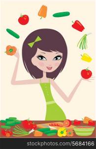 Pretty girl prepares salad and juggles with vegetables