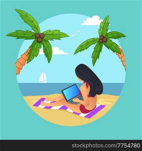 Pretty girl sits on mat near tropical sea beach with palm trees. Young woman wearing a swimsuit works on laptop computer. Theme of freelance work, vacation and travel vector flat illustration. Pretty girl sits on mat on tropical sea beach with palm trees. Young woman works on laptop computer