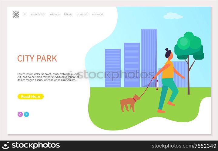 Pretty girl walking with dog on the grass in city park near tree and buildings. Woman in yellow t-shirt and blue trousers vector illustration in flat style. Pretty Walking Girl with Dog in City Park Vector