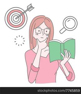 Pretty girl wearing eyeglasses reading book. Cute cartoon character girl. Target with arrow, magnifying glass icons. Searching, loading concept. Simple avatar of young female with book, thoughtful. Pretty girl wearing eyeglasses reading book, cute cartoon clever girl with literature, web icons