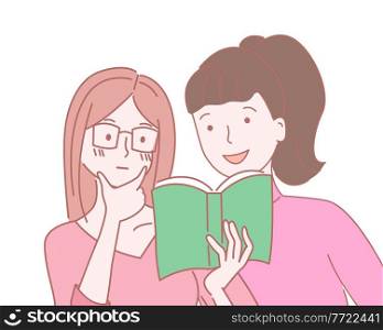 Pretty girl wearing eyeglasses reading book with her friend. Cute cartoon characters girls. Isolated at white portrait of reading clever girls. Simple avatar of young females with book, thoughtful. Pretty girl wearing eyeglasses reading book with her girlfriend, cute cartoon characters girls