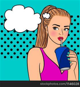 Pretty girl with paper cup. Flirting pretty young lady drinking coffee pop art vector illustration. Pretty girl with paper cup
