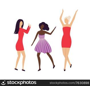Pretty girls having hen-party at disco club isolated characters. Multinational caucasian and afro-american women hang out at concert or bar. Female dansing on party. Vector in flat cartoon style. Pretty Girls Having Hen-Party Disco Club Isolated