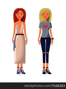 Pretty girls in youthful stylish summer clothes. Redhead in top with long skirt and blonde in striped T-shirt and ripped jeans vector illustrations. Pretty Girls in Youthful Stylish Summer Clothes