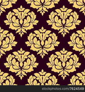 Pretty gold and brown damask style seamless pattern with foliate arabesque motifs in square format suitable for fabric or background design