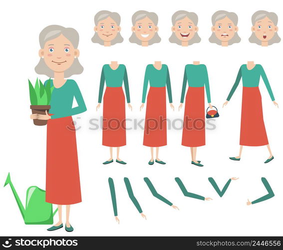 Pretty grandmother with potted plant character set with different poses, emotions, gestures. Parts of body, watering can, bag. Can be used for topics like gardening, house planting, senior lady