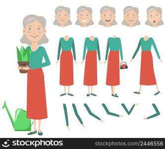 Pretty grandmother with potted plant character set with different poses, emotions, gestures. Parts of body, watering can, bag. Can be used for topics like gardening, house planting, senior lady