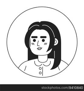 Pretty indian woman with long hair monochrome flat linear character head. Trendy haircut. Editable outline hand drawn human face icon. 2D cartoon spot vector avatar illustration for animation. Pretty indian woman with long hair monochrome flat linear character head