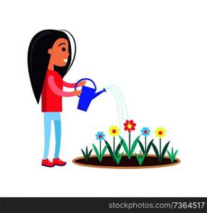 Pretty little girl watering flowers from metal can. Blooming buds growing in flowerbed. Smiling female child working in garden isolated on white background. Pretty Little Girl Watering Flowers Blooming Buds