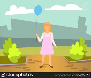 Pretty little girl wearing dress and hair band holding blue balloon in hands. Cute female child dressed in pink walking at street. Kids birthday party. Little Girl Wearing Pink Dress Holding Balloon