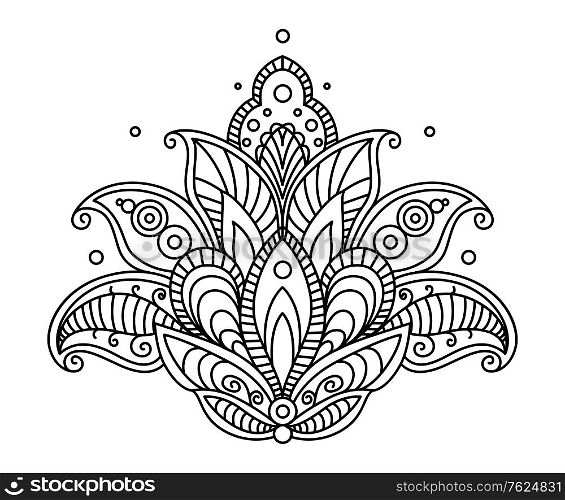Pretty ornate paisley flower design element in a dainty black calligraphic line drawing