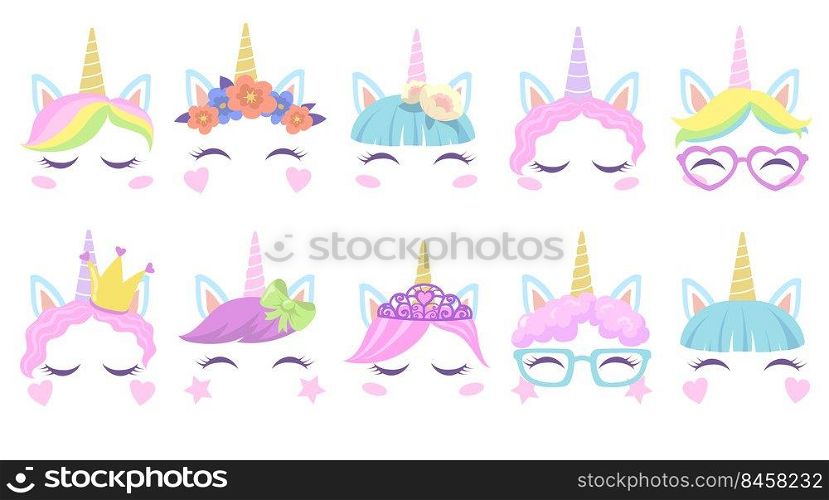 Pretty pony unicorns faces flat set for web design. Cartoon cute head costumes for party of little girl isolated vector illustration collection. Child birthday and celebration concept